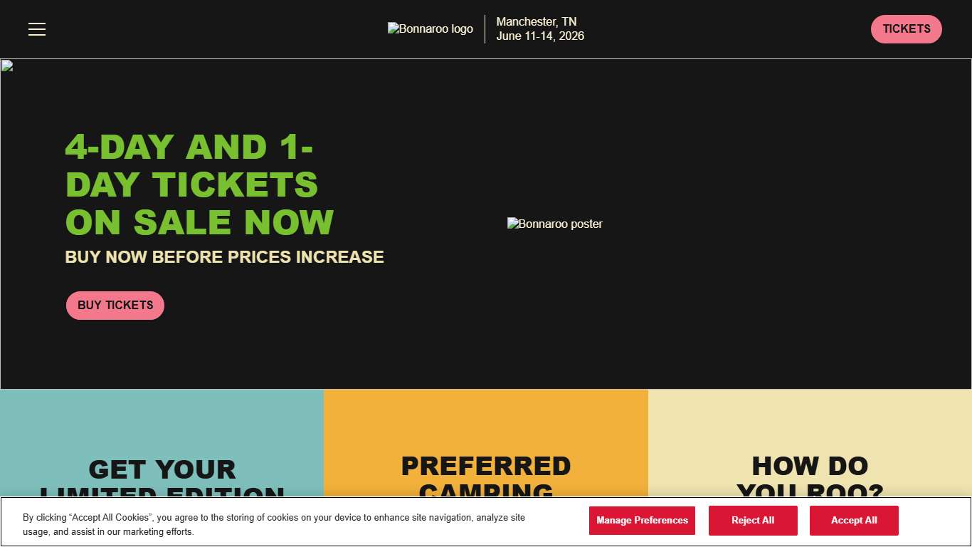 Bonnaroo Music & Arts Festival Manchester, TN June 11-14, 2026